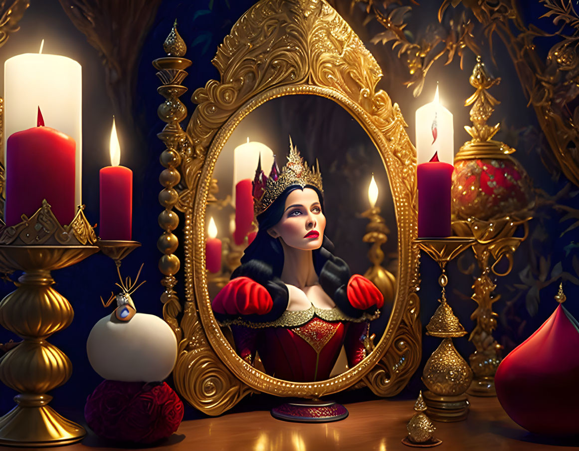 Regal woman in crown reflected in ornate mirror with candles, roses, and gold accents