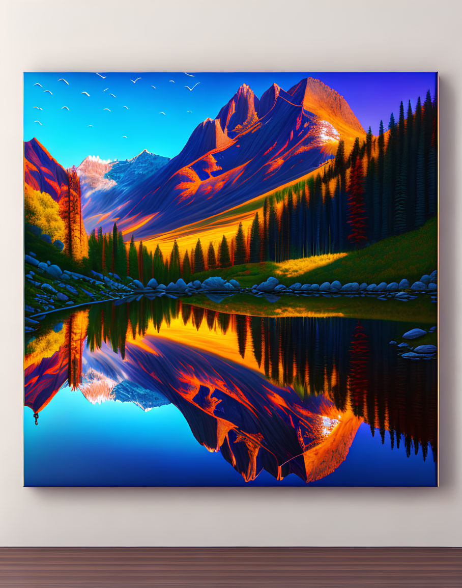 Digital landscape with mountains, forest, river, and sunset reflection