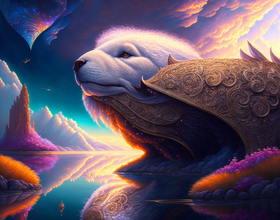 Majestic armor-clad polar bear by mirror-like lake and surreal sky.