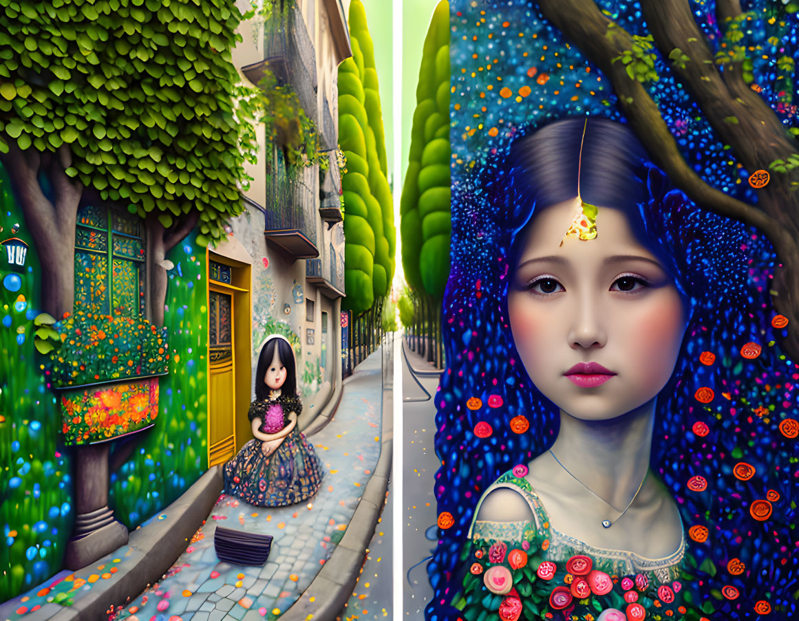 Colorful Diptych Illustration: Whimsical Street Scene and Girl with Blue Hair and Flowers