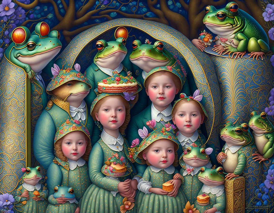 Surreal painting: Human children with frog features in Victorian attire amid vibrant vegetation