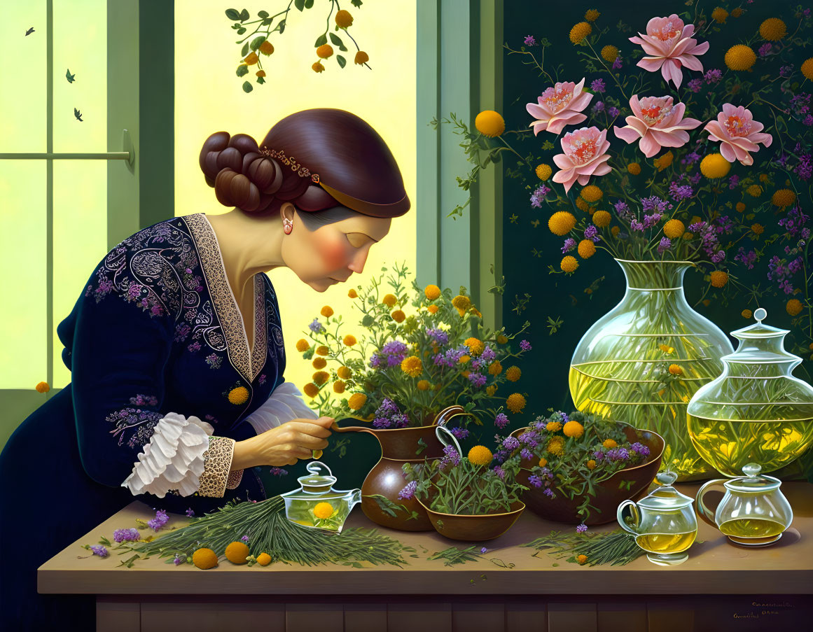 Traditional Attire Woman Arranging Herbs and Flowers