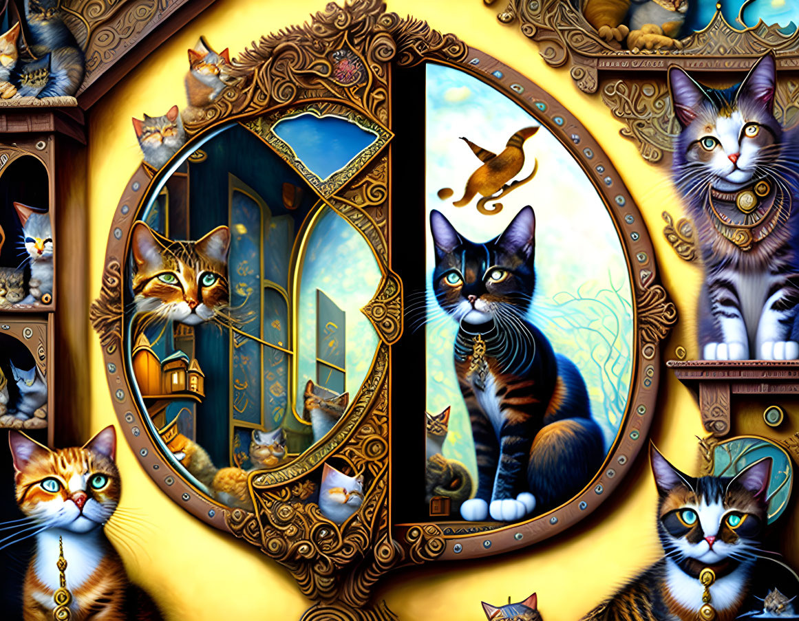 Detailed Cat Illustration in Ornate Golden Frames & Mirror Reflections