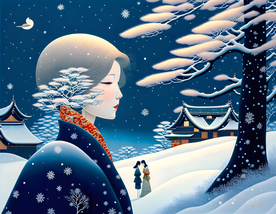 Traditional attire woman in snowy scene with temples and couple walking hand in hand