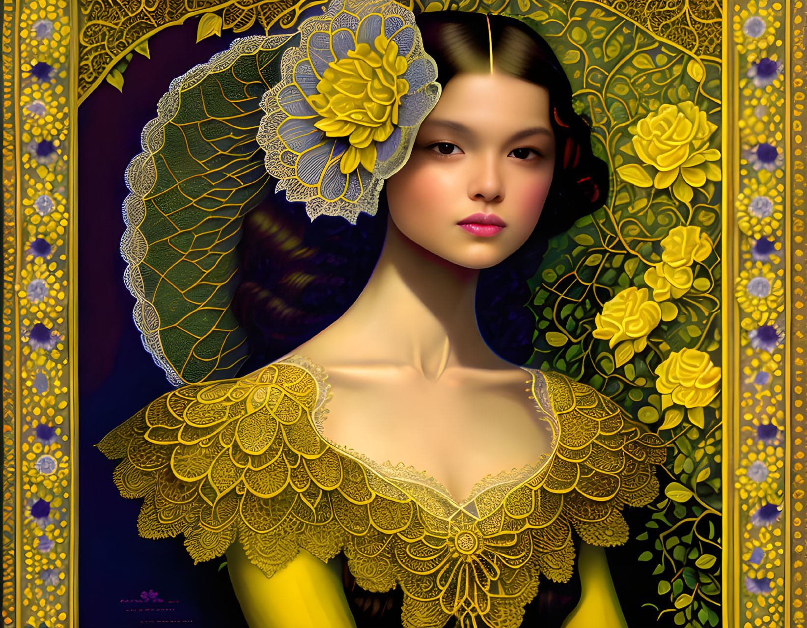 Detailed illustration of serene woman surrounded by golden patterns and flowers