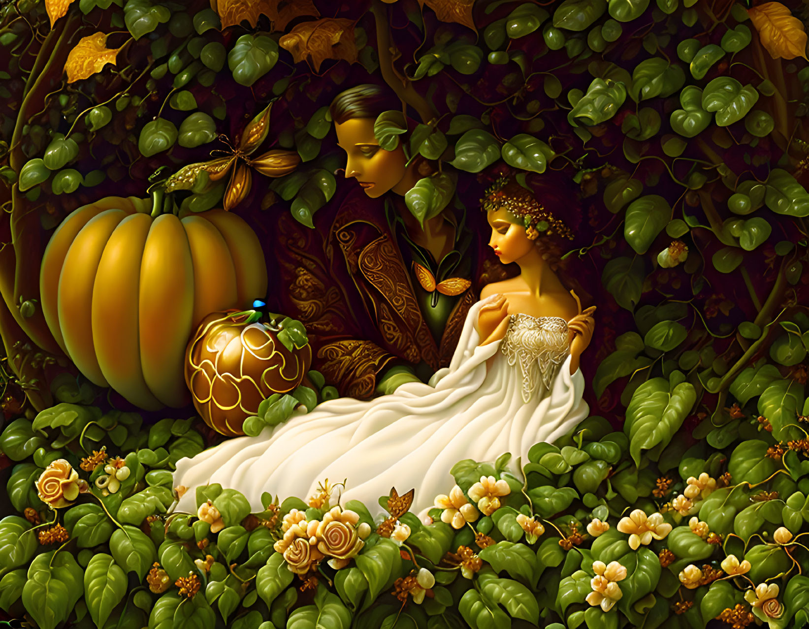 Fantasy garden scene with woman in white dress and hidden male figure