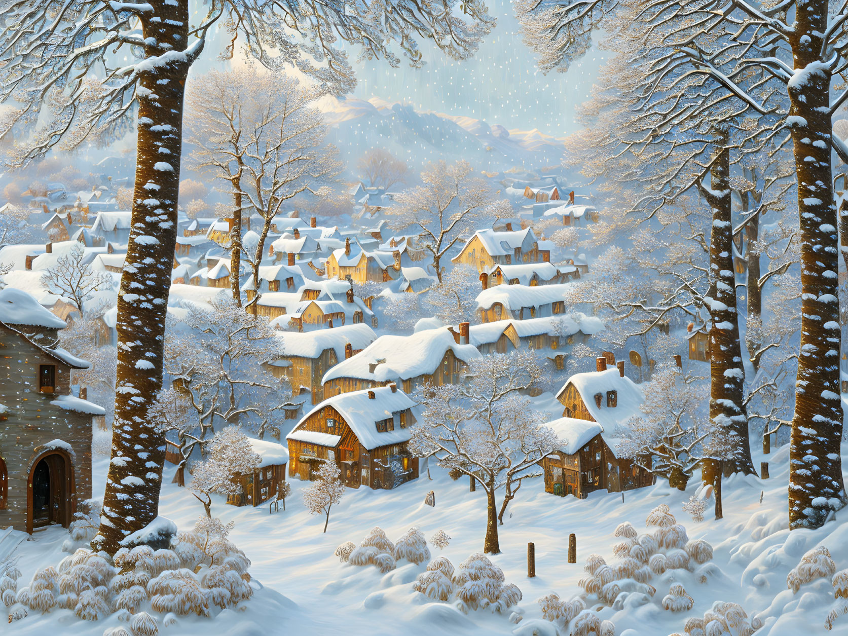 Snow-covered village with golden light and falling snowflakes