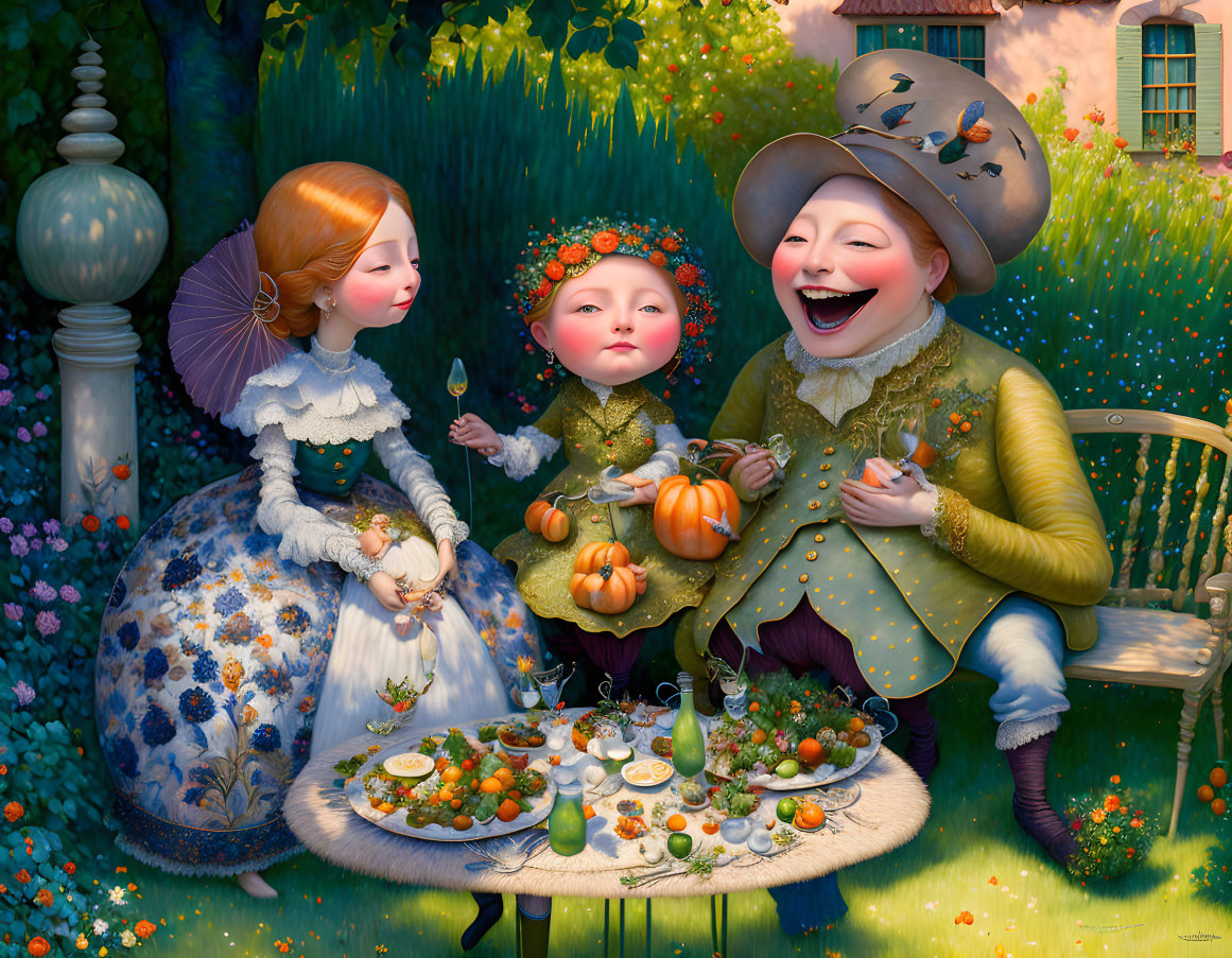 Whimsical garden picnic with stylized characters and autumnal decor