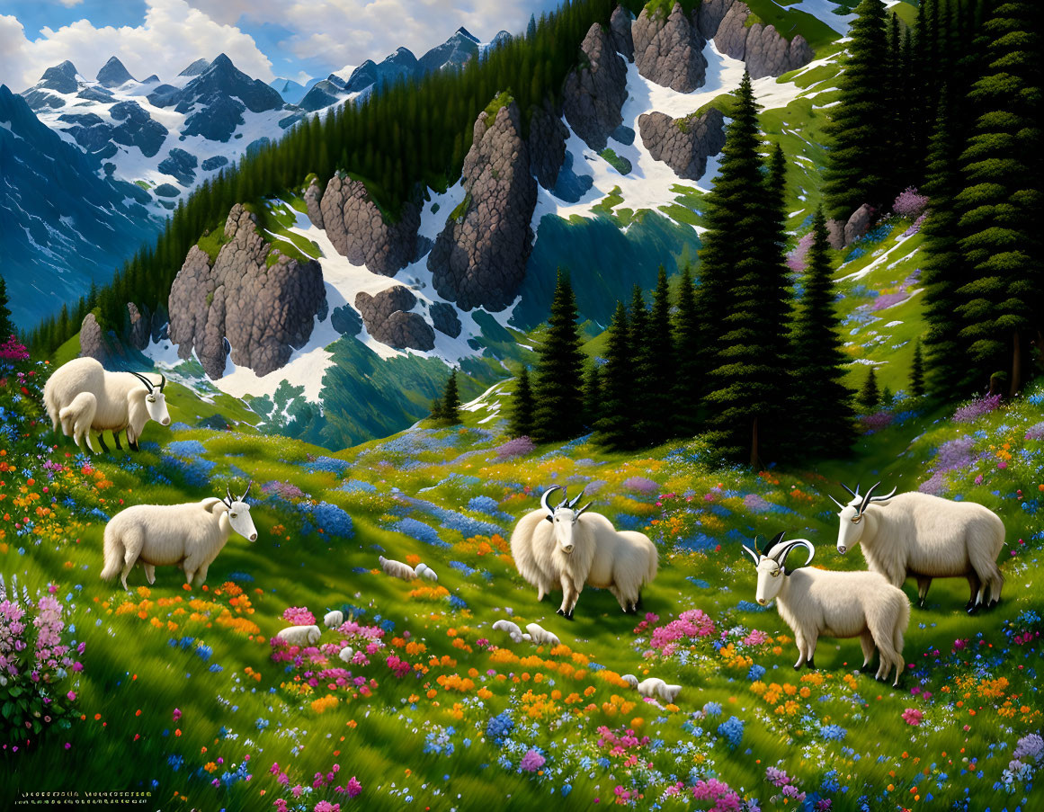 Scenic mountain landscape with green slopes and mountain goats