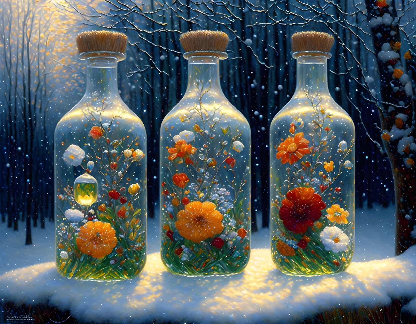 Glass Bottles with Painted Flowers on Snowy Surface at Twilight