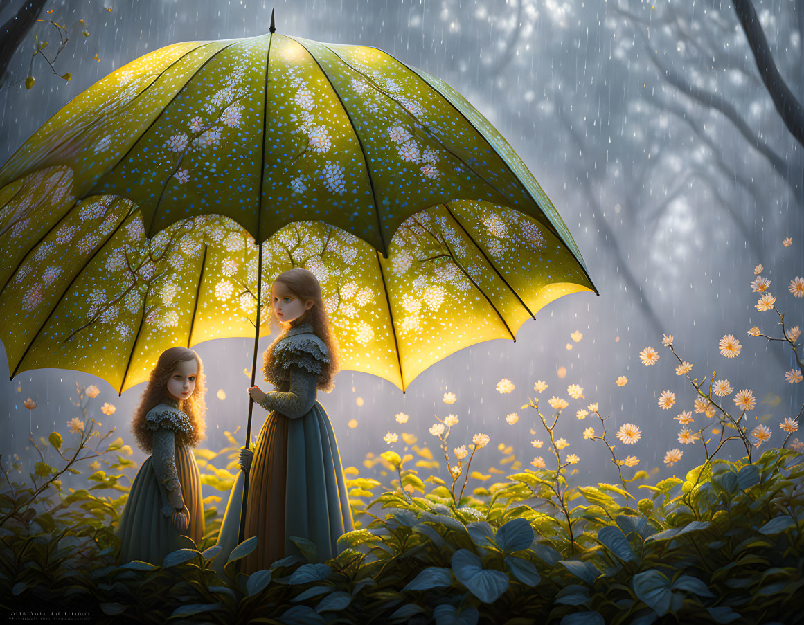 Vintage dresses: Two girls under large umbrella in blossoming field with rain and ethereal light