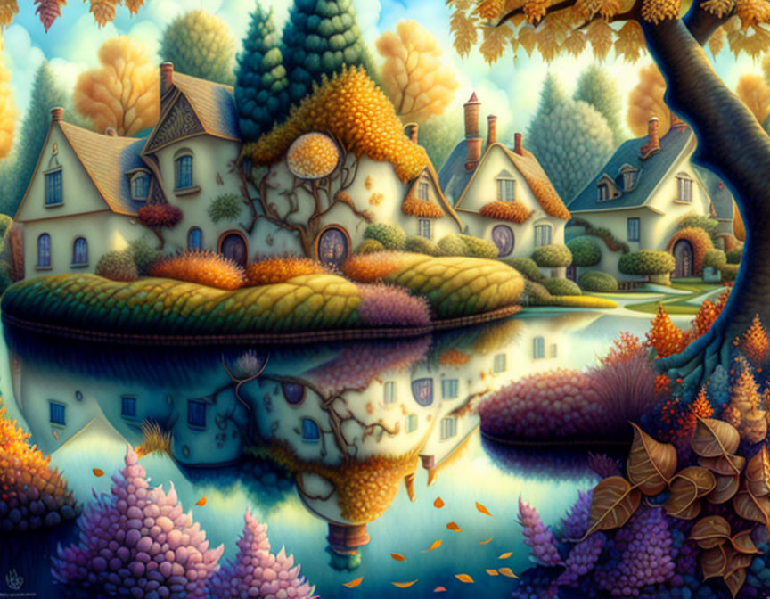 Colorful autumnal village painting with serene reflection in water