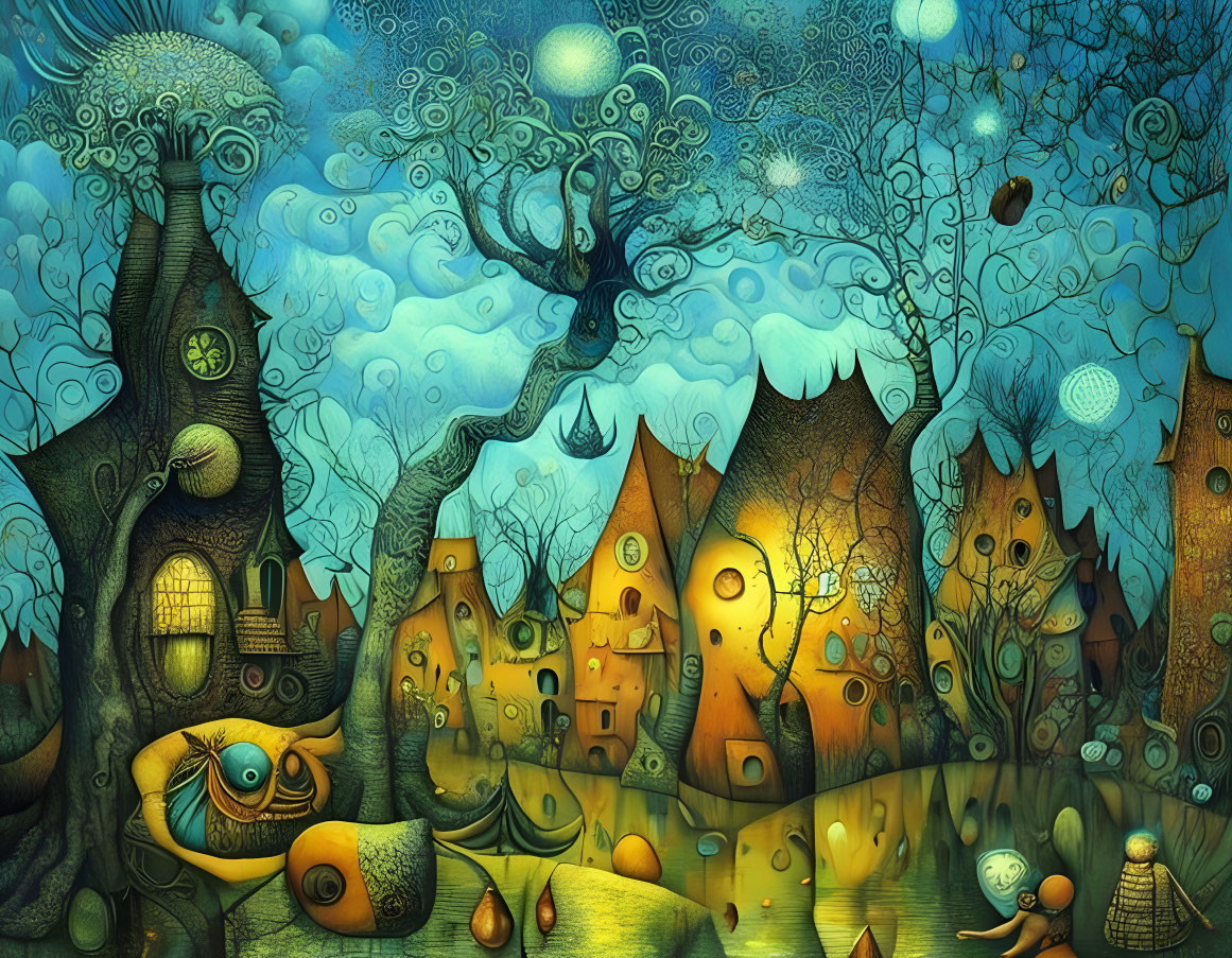 Fantasy landscape with stylized trees and quirky houses