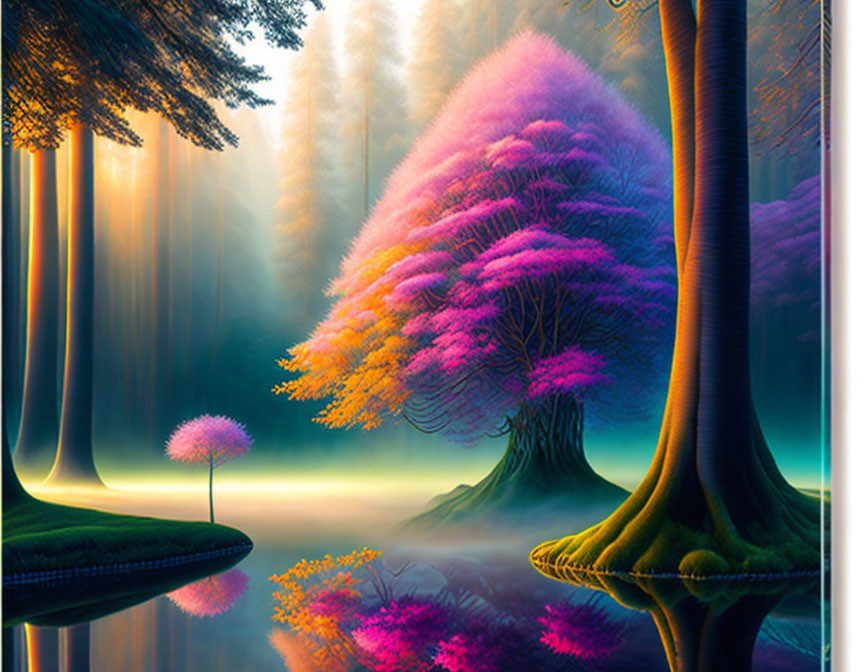 Fantasy forest with oversized purple trees and reflective water