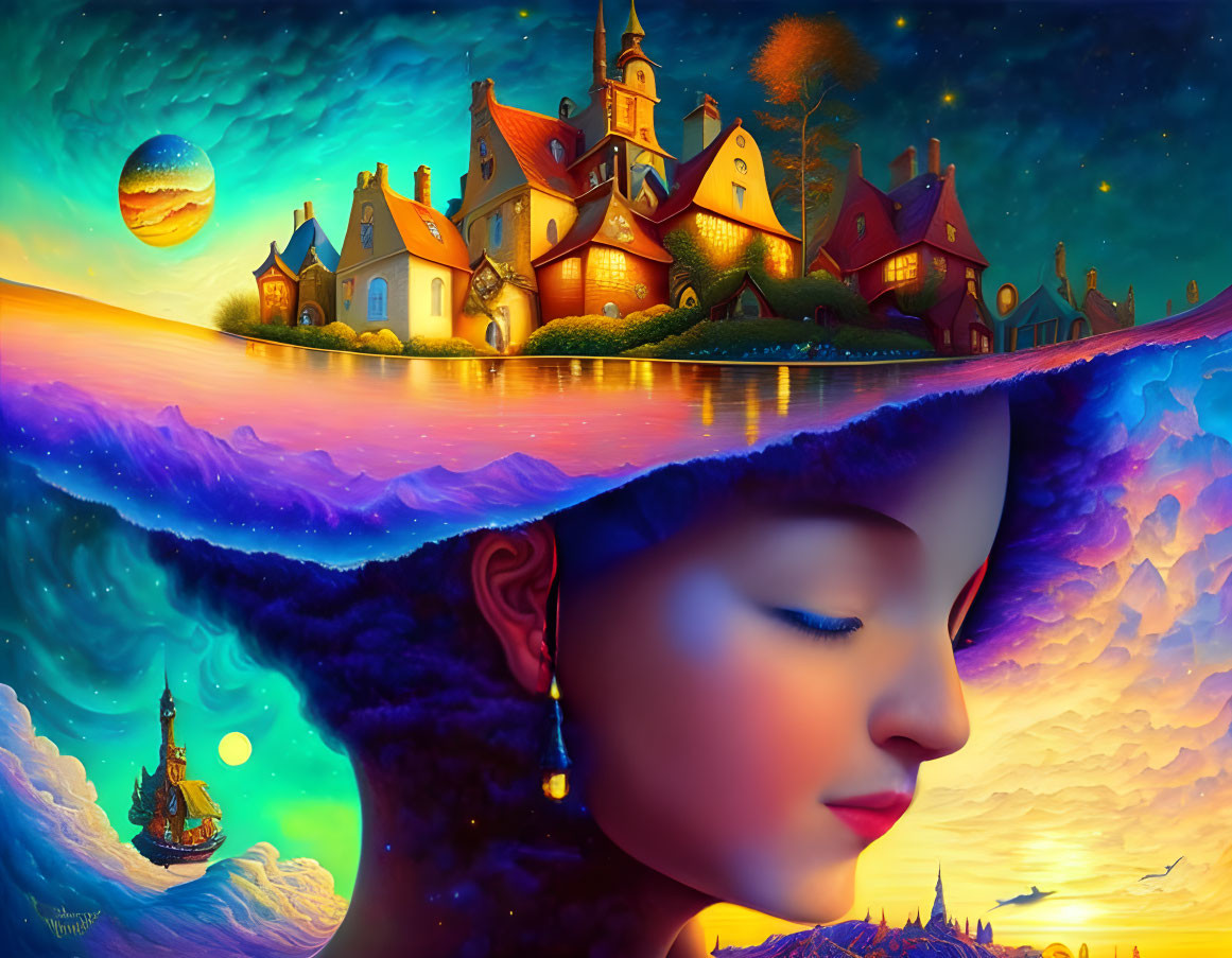 Colorful surreal artwork: Woman's profile merges with celestial landscape, whimsical buildings, sailing ship.