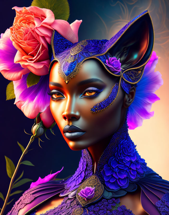 Digital artwork: Female figure with feline features, roses, jewelry, feathers on dark backdrop