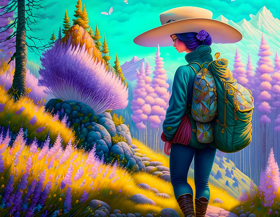 Colorful illustration: Person in hat and backpack admiring whimsical forest landscape