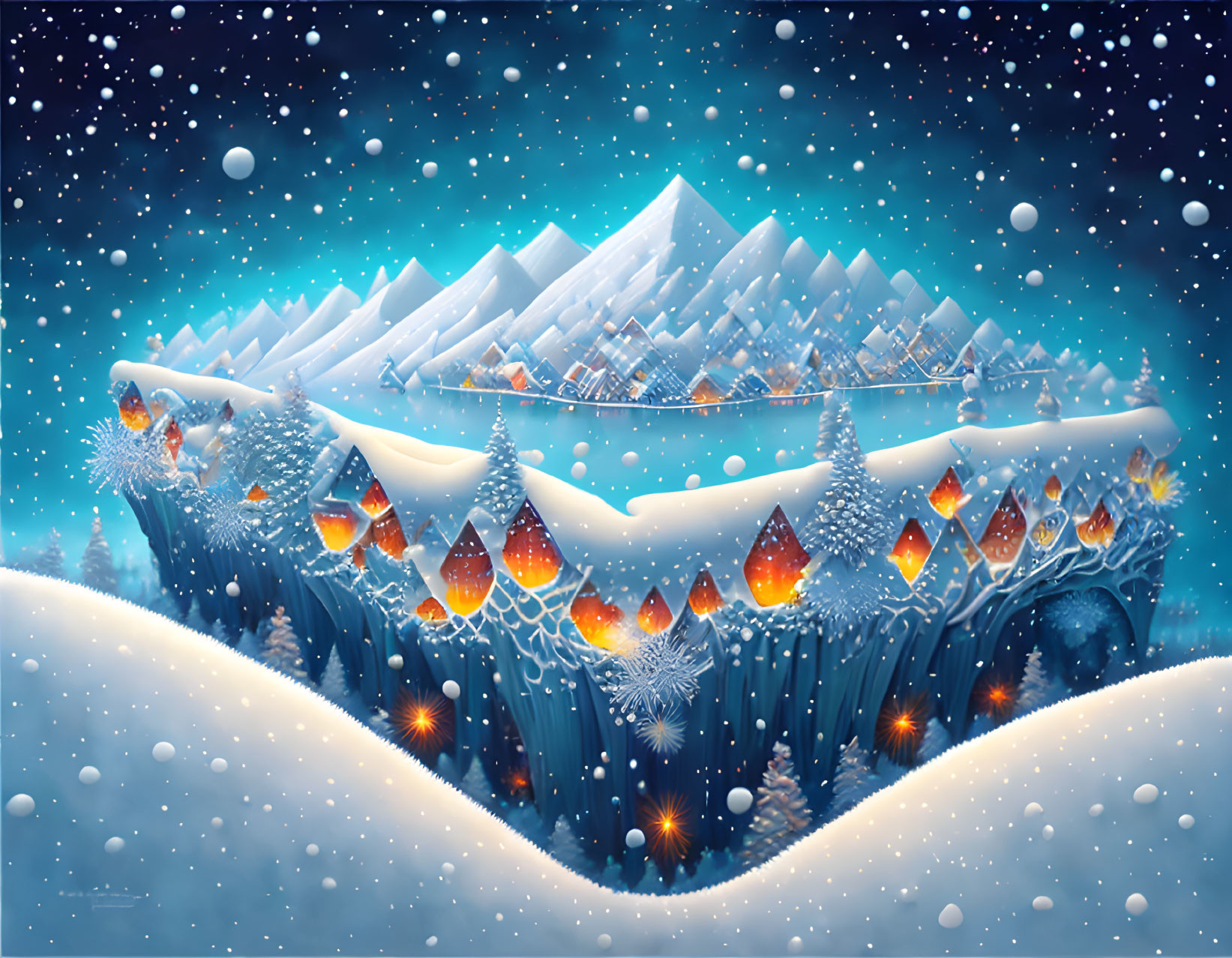 Snow-covered hill with illuminated crystalline structure in starry winter scene