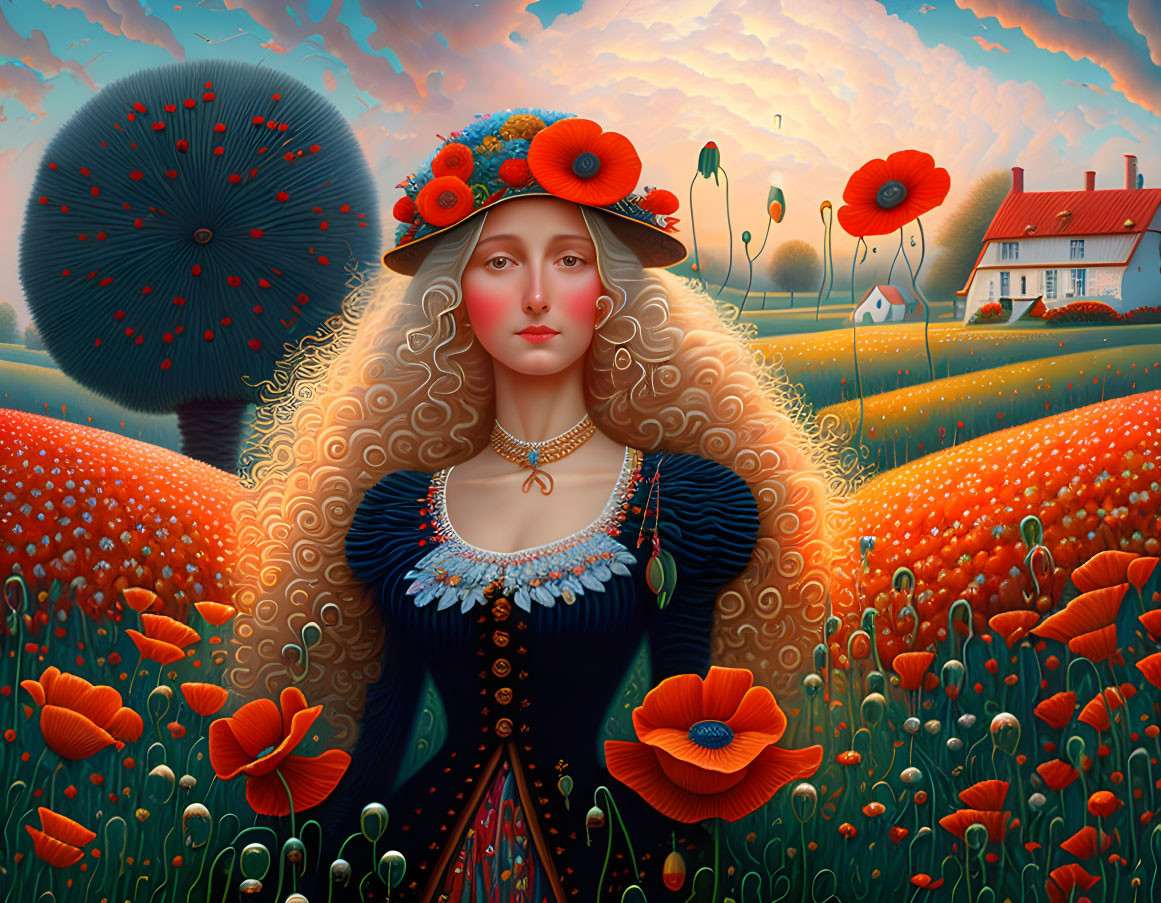 Vibrant poppy field portrait with whimsical house scenery