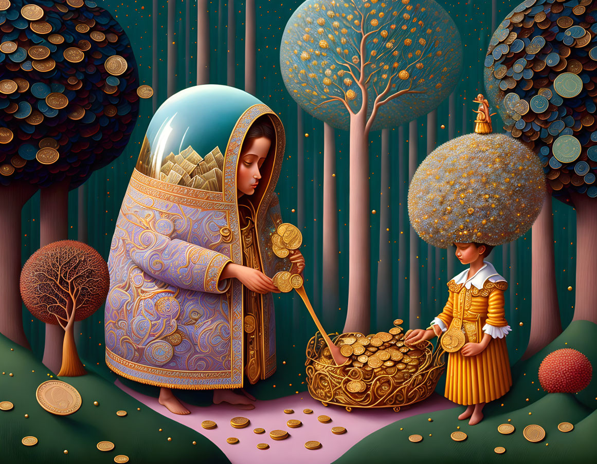 Illustration of characters with coin-filled landscape and tree foliage.