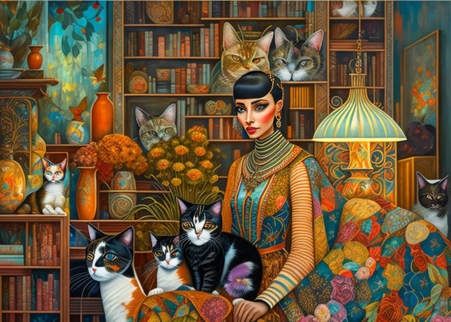 Woman with Cats in Colorful Book-Filled Room