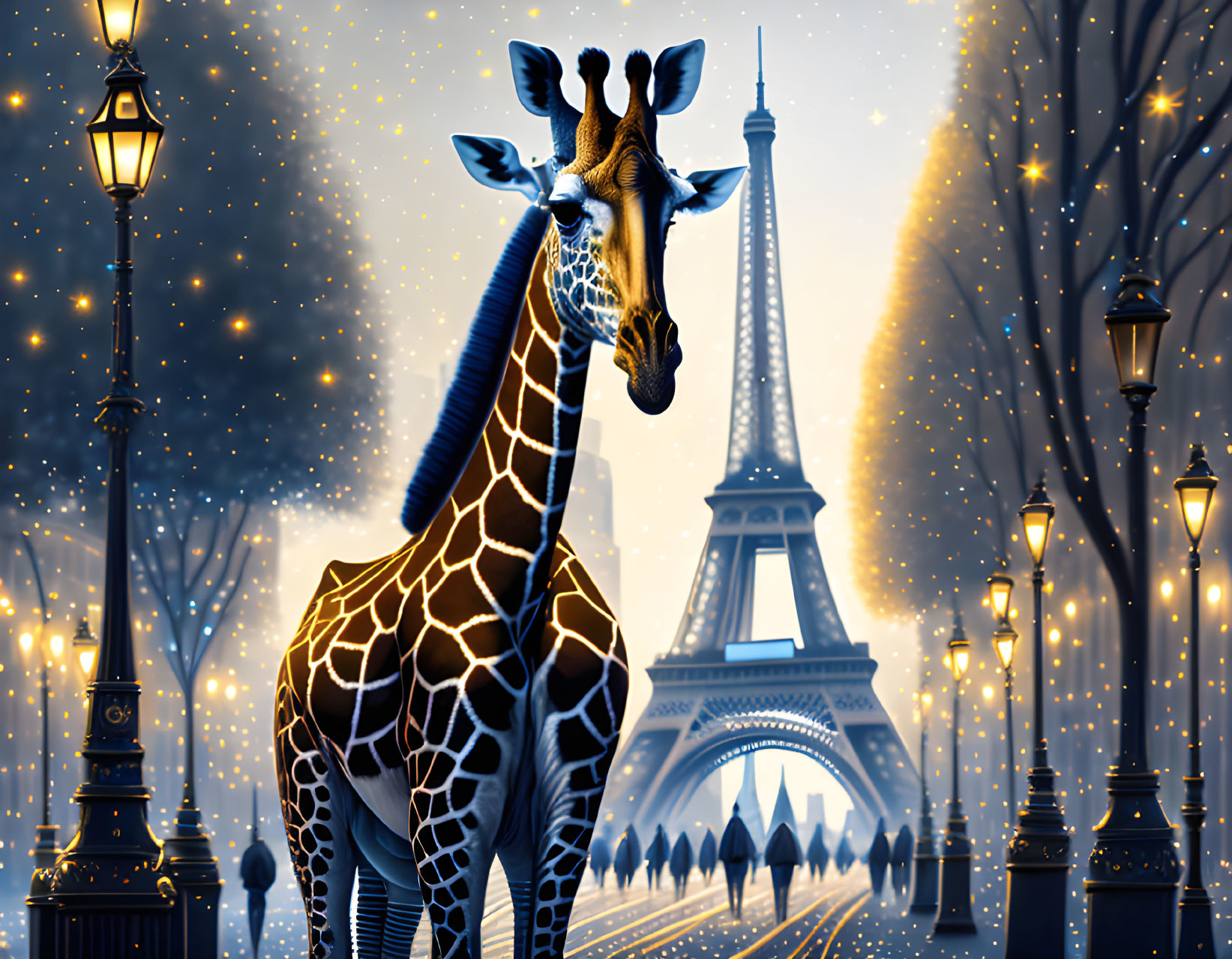 Surreal giraffe illustration with Eiffel Tower in twilight sky