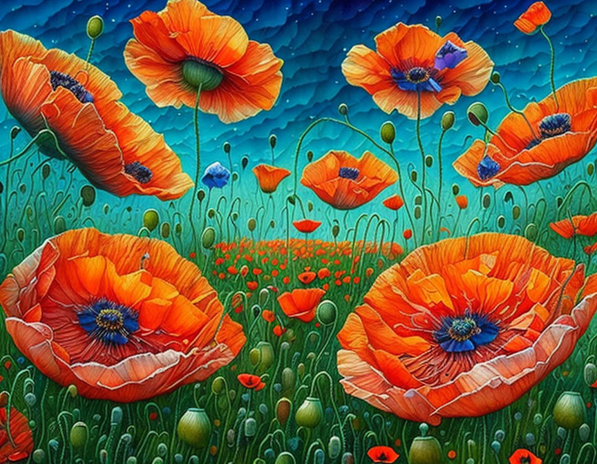 Detailed Poppy Field Painting with Vibrant Red-Orange Poppies