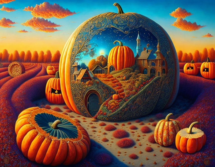 Whimsical pumpkin castle art in autumn landscape