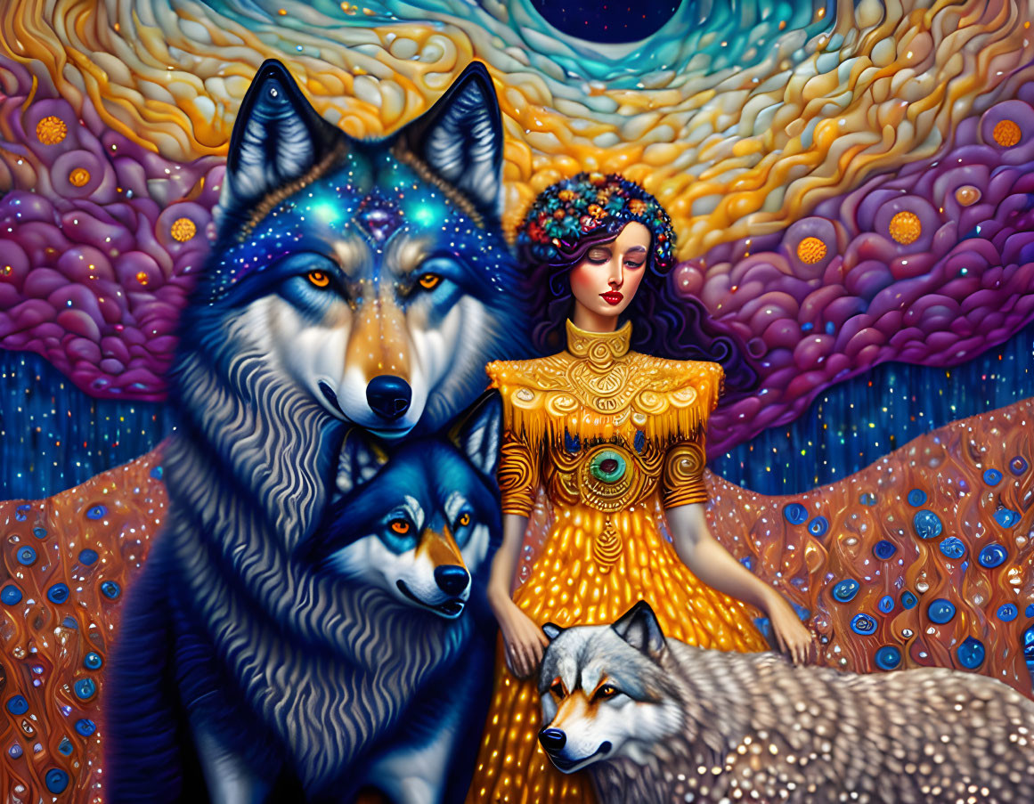 Woman in Yellow Patterned Dress with Wolves in Vibrant Cosmic Setting