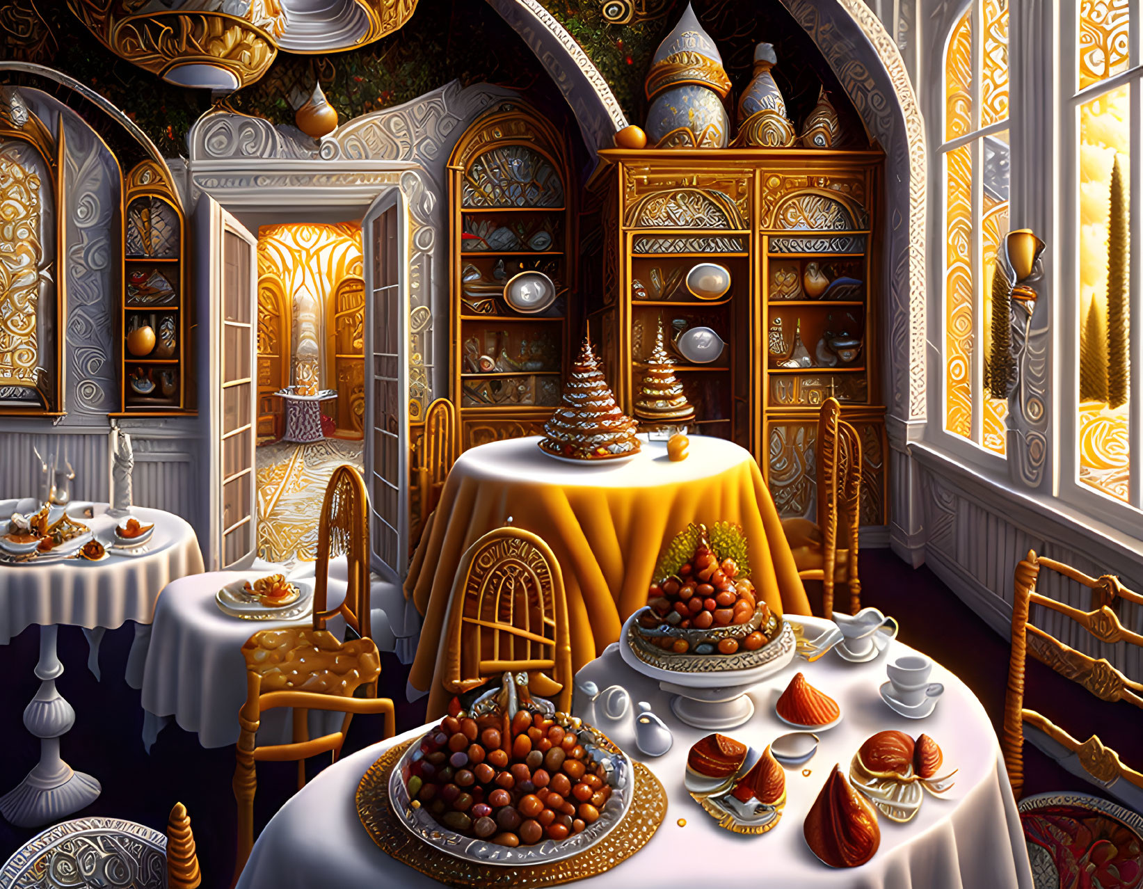 Victorian-style room with gold decor, showcasing a table of elegant desserts and fruits under warm lighting