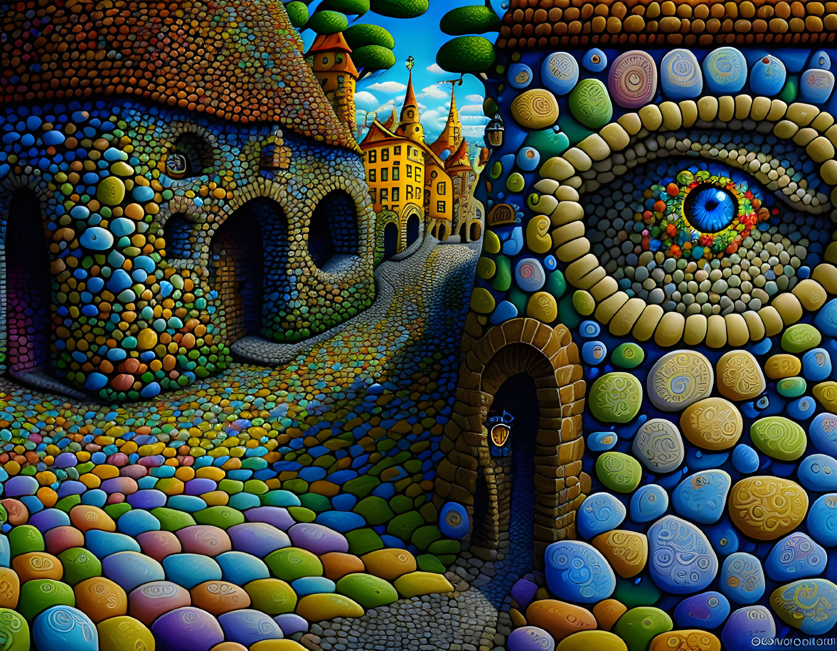 Colorful Artwork Featuring Whimsical Buildings and Detailed Eye