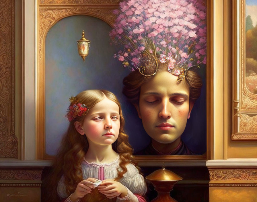 Surreal painting featuring young girl, detached head, and blooming tree in classical interior