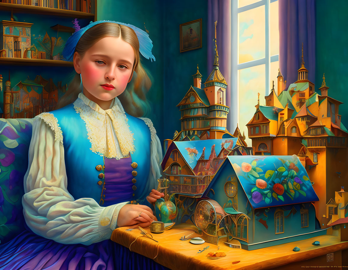 Young girl in blue dress with miniature fantasy village on table by window