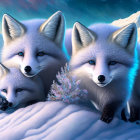 Photorealistic foxes with blue eyes on snow under starry sky