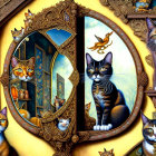 Detailed Cat Illustration in Ornate Golden Frames & Mirror Reflections