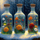 Glass Bottles with Painted Flowers on Snowy Surface at Twilight