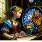 Young girl with braid and butterfly clock in vibrant whimsical scene