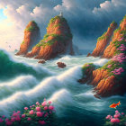 Tranquil scene of green islands, pink trees, blue sea, and fluffy clouds