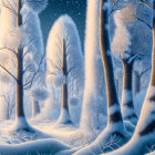 Snow-covered trees in mystical winter forest with gentle snowfall