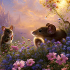 Two cute mice in fantasy meadow with pink flowers, magical castle in vibrant sunset sky