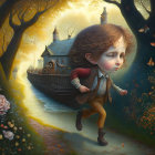 Surreal illustration: large-headed child running, woman rowing boat in autumn forest with butterflies.