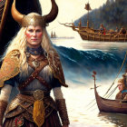 Viking woman in ornate armor with ships and waves