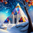 Fantasy-style pyramid under wintry sky with cosmos design and snow-covered trees