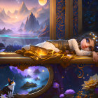 Child Sleeping on Balcony with Cat in Mystical Mountain Night Landscape