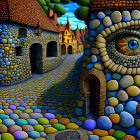 Colorful Artwork Featuring Whimsical Buildings and Detailed Eye