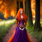 Vibrant orange hair and purple dress in autumn forest