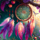 Colorful dreamcatcher with vivid feathers on blooming tree branch in enchanted forest