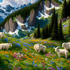 Scenic mountain landscape with green slopes and mountain goats