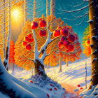 Colorful autumn tree with red apples in snowy landscape under sunlight.