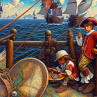 Children in historical naval officer costumes with map and ships.